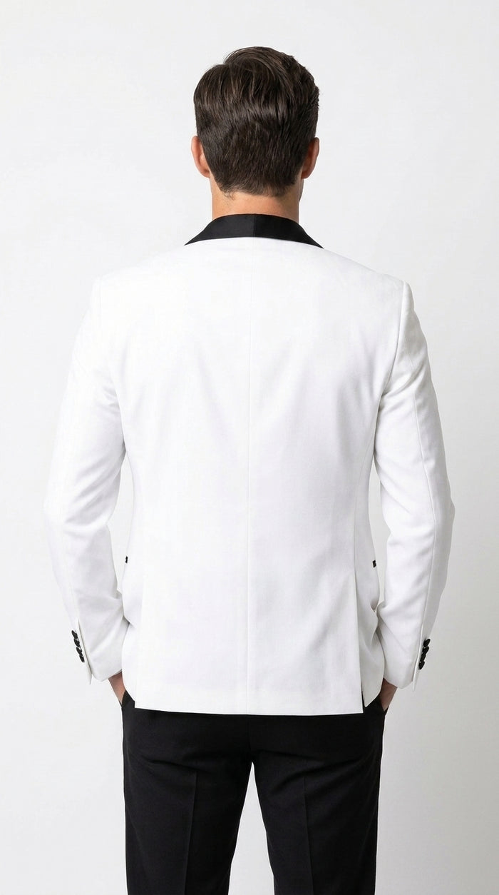 Men’s White Tuxedo Dinner Jacket with Black Shawl Lapel, Formal Wedding Prom Blazer