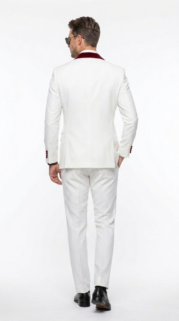 Men’s White and Burgundy Wedding Tuxedo, Formal Groom Prom Shawl Lapel Tuxedo Suit