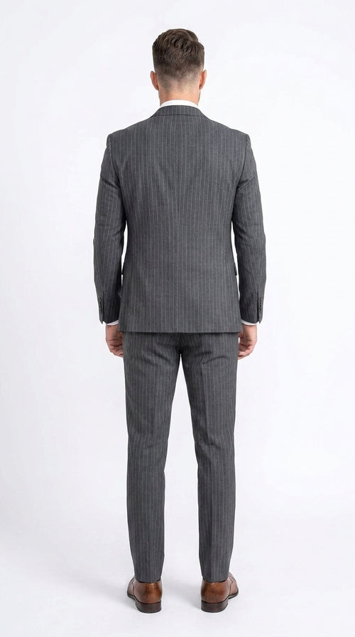 Men’s Charcoal Grey Pinstripe 2 Button Vested Suit, Modern Fit Wool Blend Formal Dress Suit