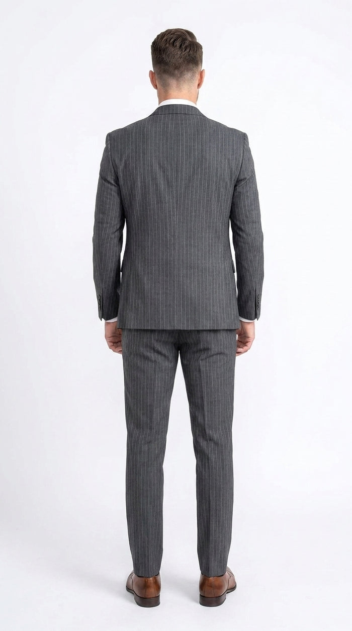 Men’s Charcoal Grey Pinstripe 2 Button Vested Suit, Modern Fit Wool Blend Formal Dress Suit
