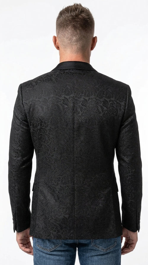 Men’s Black Paisley Jacquard Western Blazer with Satin Shawl Lapel, Formal Designer Sport Coat