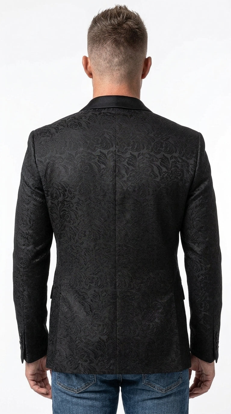 Men’s Black Paisley Jacquard Western Blazer with Satin Shawl Lapel, Formal Designer Sport Coat
