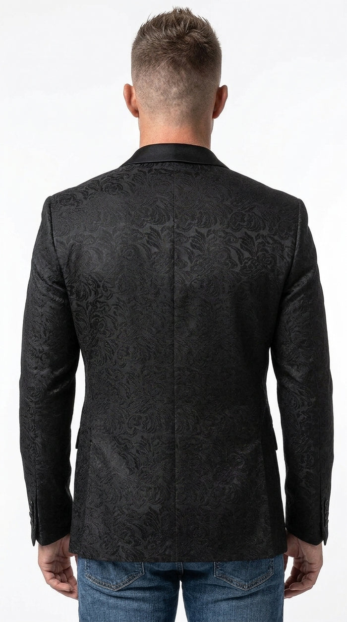 Men’s Black Paisley Jacquard Western Blazer with Satin Shawl Lapel, Formal Designer Sport Coat
