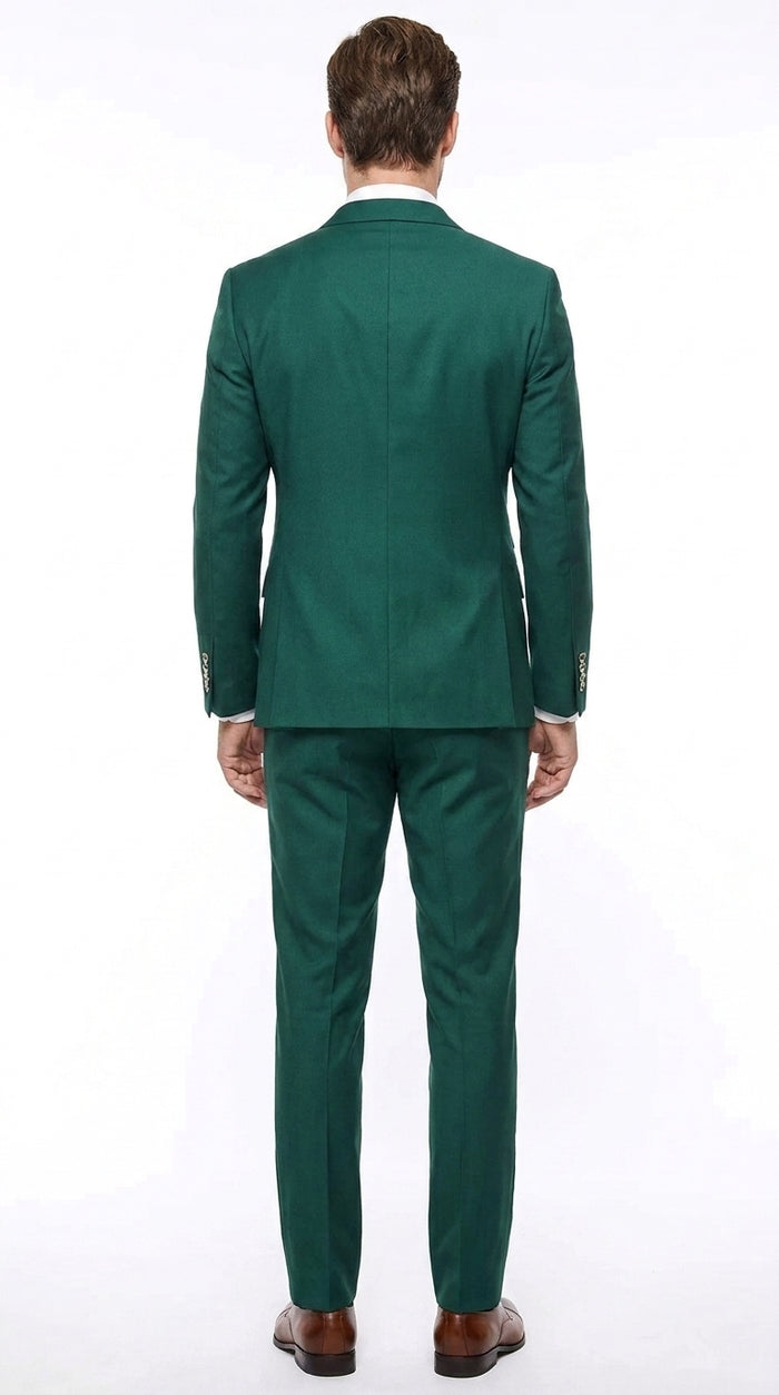 Men’s Hunter Green Double Breasted Wool Suit with Gold Buttons, Modern Fit Formal Wedding Suit