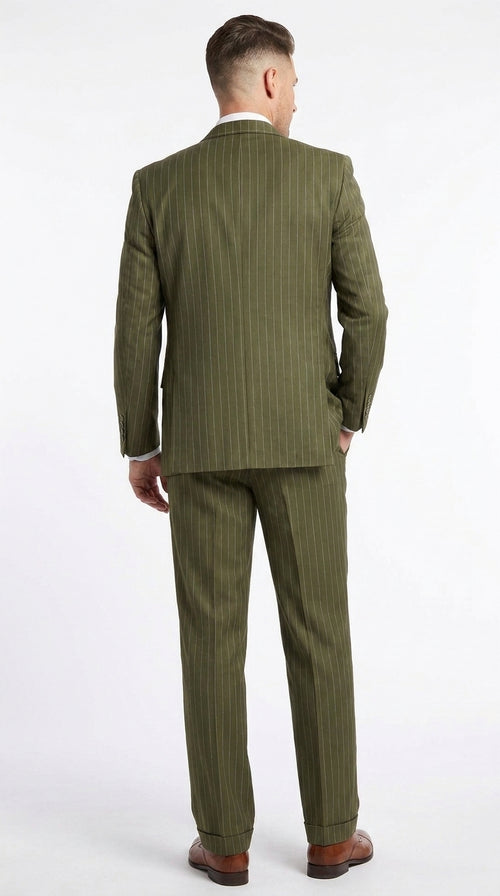Men’s Big and Tall Olive Pinstripe 3 Piece Suit, Plus Size Long Jacket Formal Wedding Business Suit