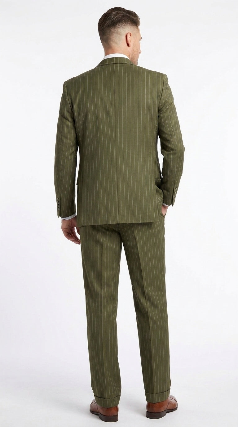 Men’s Big and Tall Olive Pinstripe 3 Piece Suit, Plus Size Long Jacket Formal Wedding Business Suit
