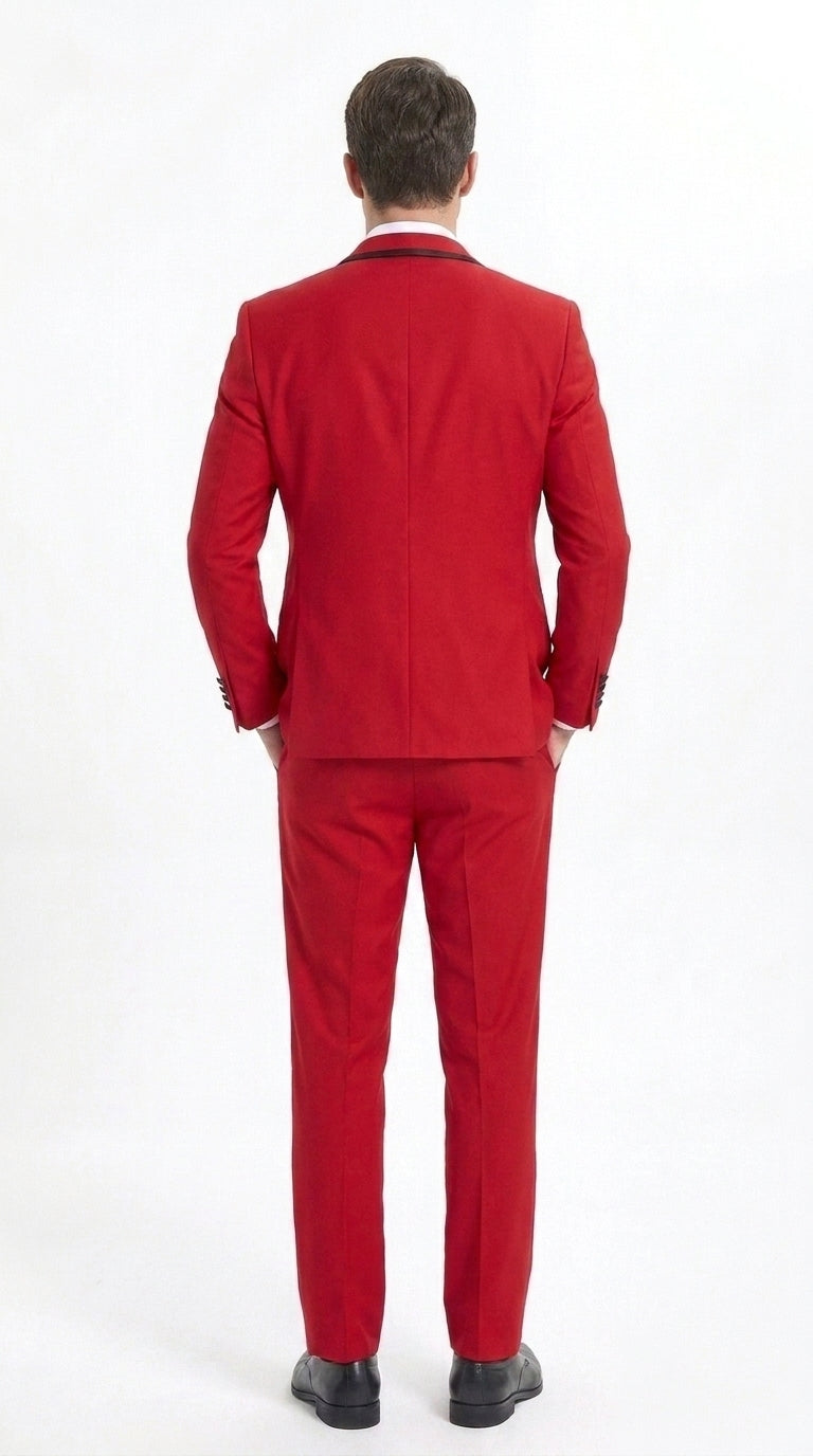 Men’s Trim Lapel Prom Tuxedo– 3 Piece Wedding Suit in Purple, Black, Red, Ivory, or Navy