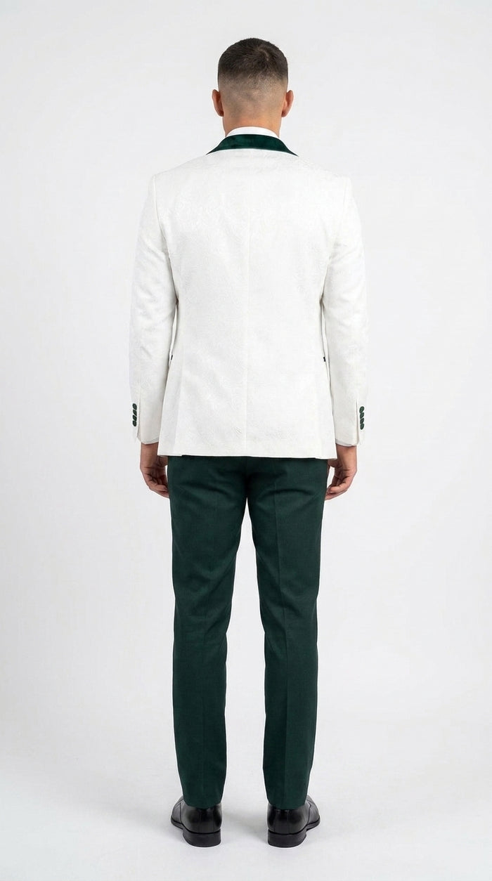 Men’s White and Hunter Green 3-Piece Wedding Tuxedo – White Dinner Jacket with Hunter Green Shawl Lapel