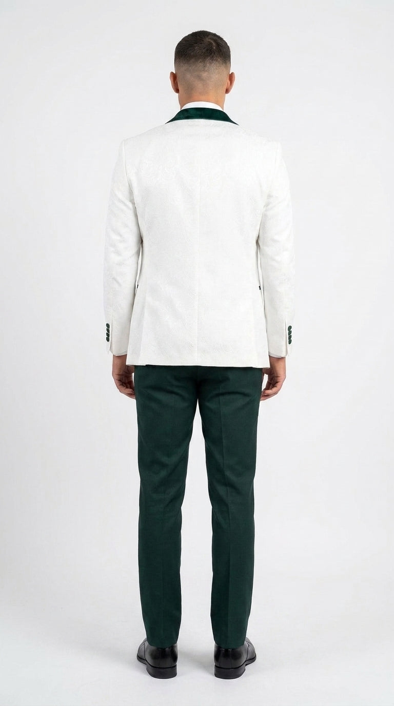 Men’s White and Hunter Green 3-Piece Wedding Tuxedo – White Dinner Jacket with Hunter Green Shawl Lapel