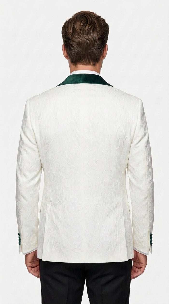 Men’s White and Hunter Green Tuxedo Dinner Jacket, Wide Velvet Shawl Lapel Groom Prom Blazer