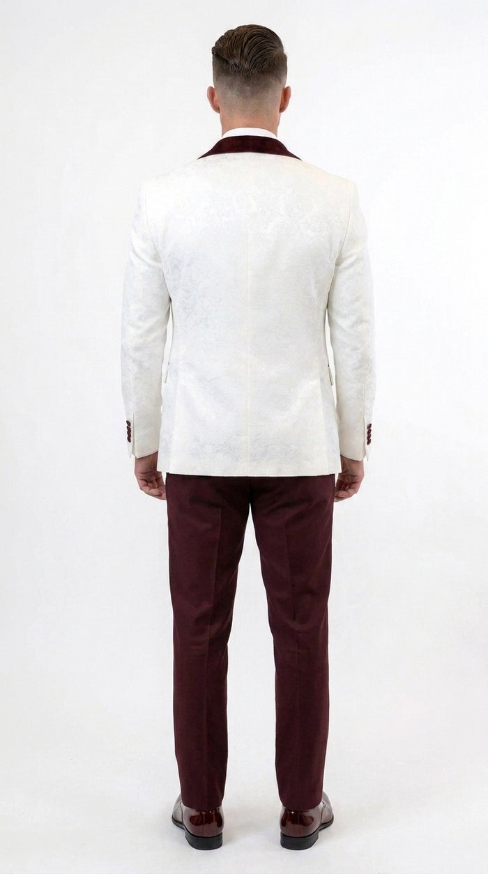 Men’s White and Burgundy Vested Tuxedo Suit, Formal Wedding Groom Prom Dinner Suit