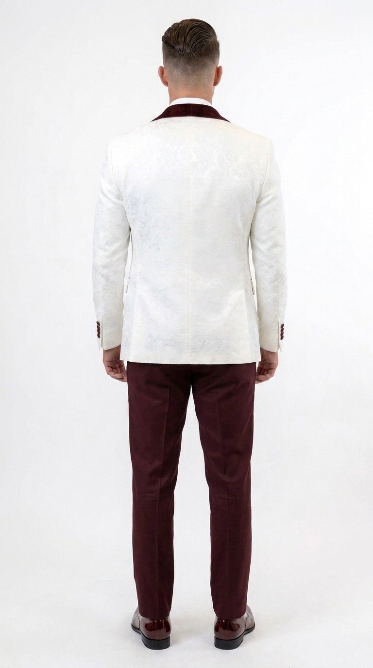 Men’s White and Burgundy Vested Tuxedo Suit, Formal Wedding Groom Prom Dinner Suit