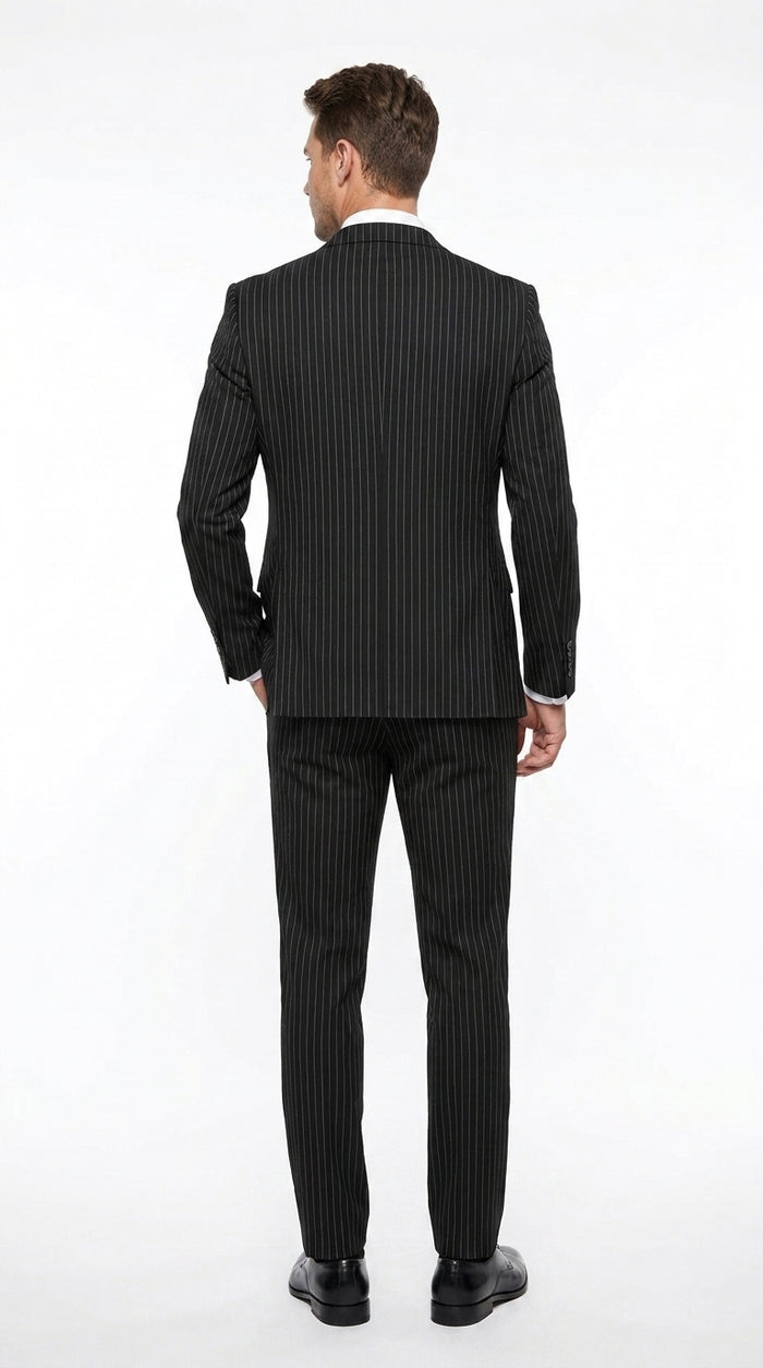 Statement Men’s Black Pinstripe 3 Piece Wool Suit, Fashion Formal Wedding Business Dress Suit