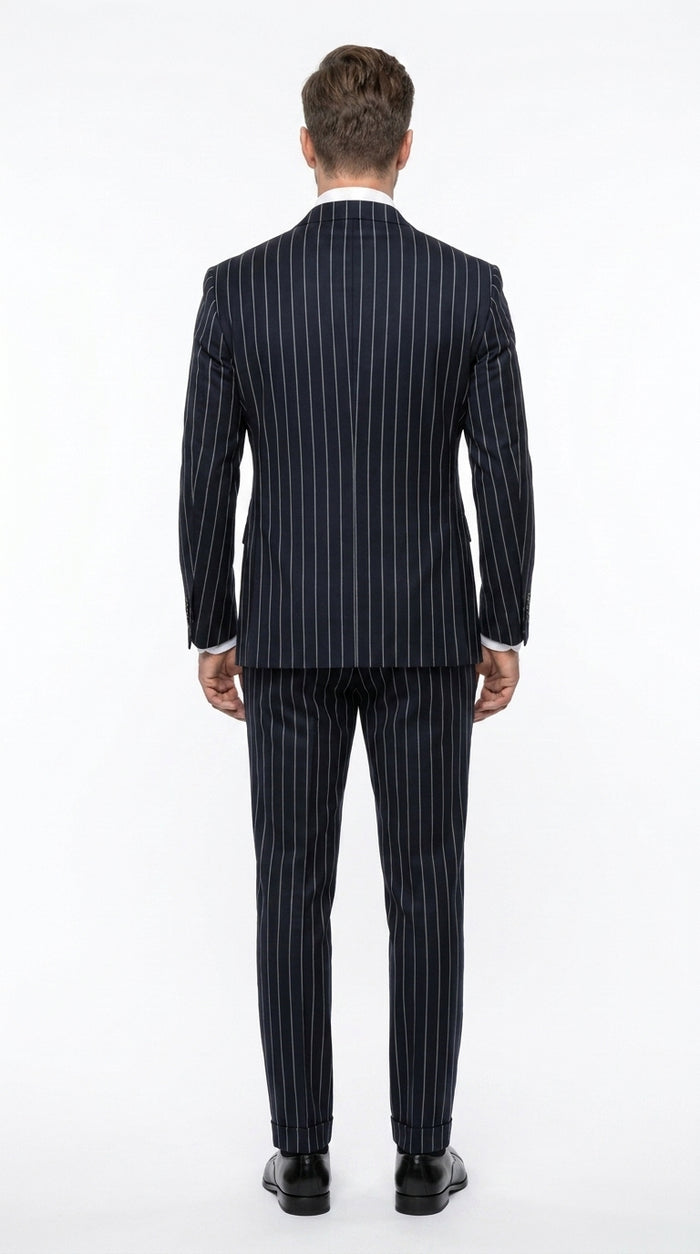 Statement Men's 2 Piece 100% Wool Modern Fit Pinstripe Suit - Double Breasted Jacket