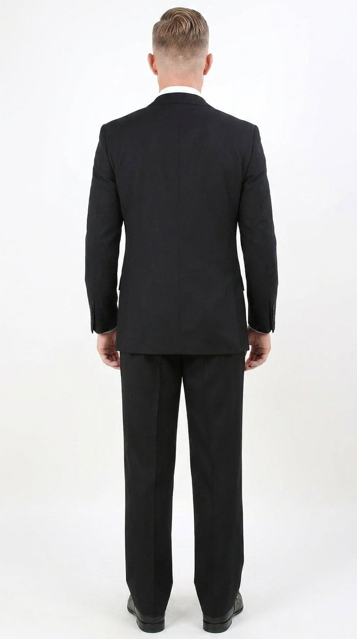 Men’s Black 100% Wool Super 150s Suit, Classic Fit Athletic Cut with Double Breasted Vest and Pleated Pants