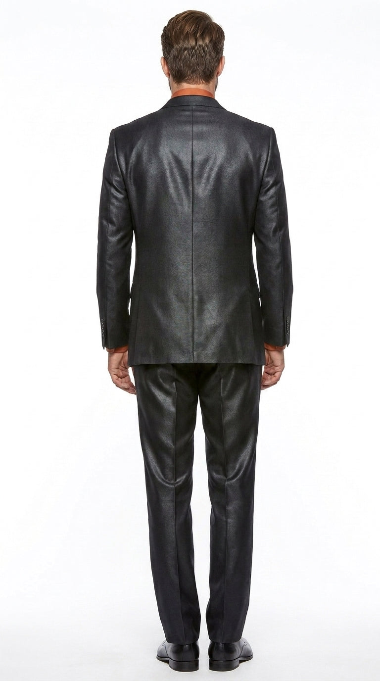 Men’s Black Sharkskin 3 Piece Suit, Metallic Satin Shiny Formal Wedding Business Dress Suit