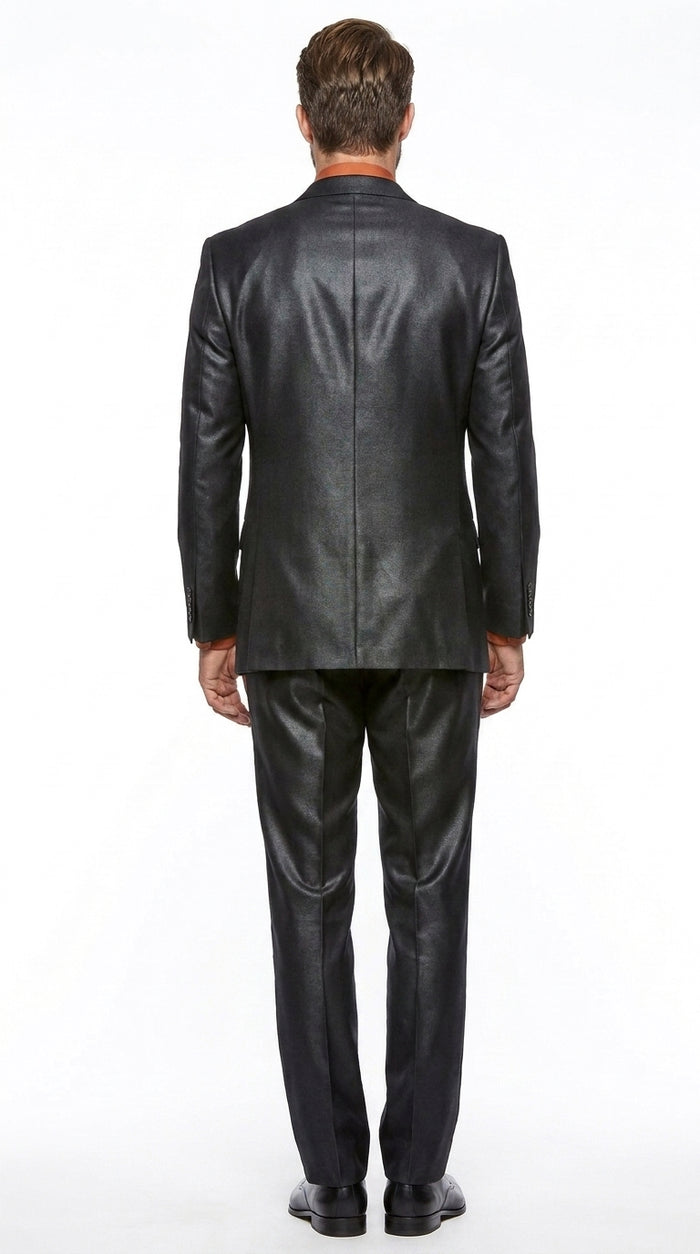 Men’s Black Sharkskin 3 Piece Suit, Metallic Satin Shiny Formal Wedding Business Dress Suit