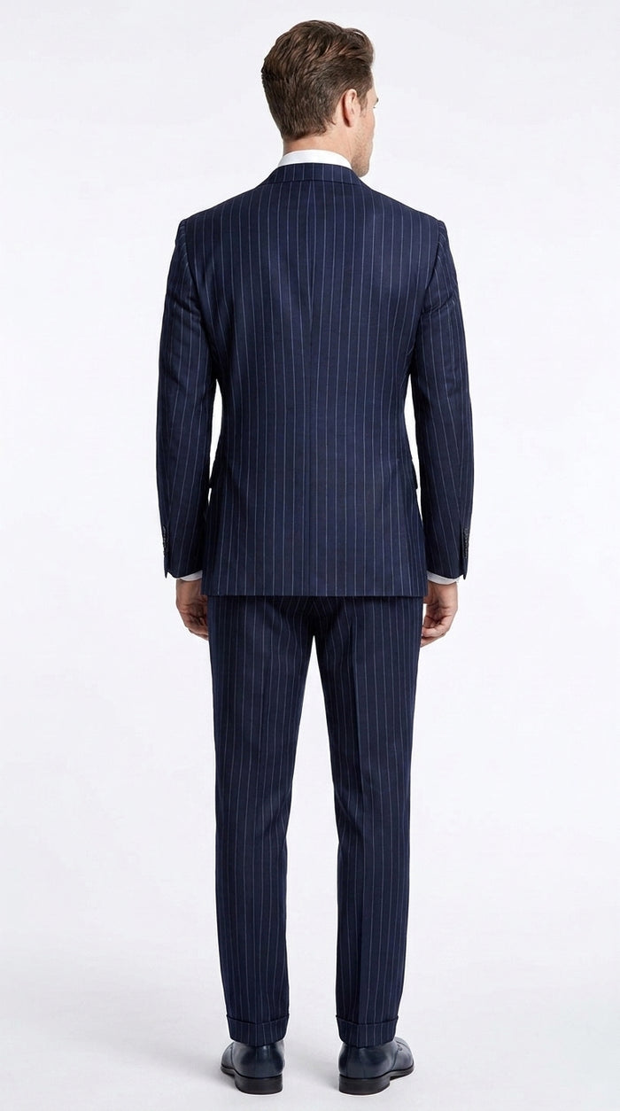 Men’s Dark Navy Blue Double Breasted Pinstripe Suit, Side Vent Jacket with Pleated Pants