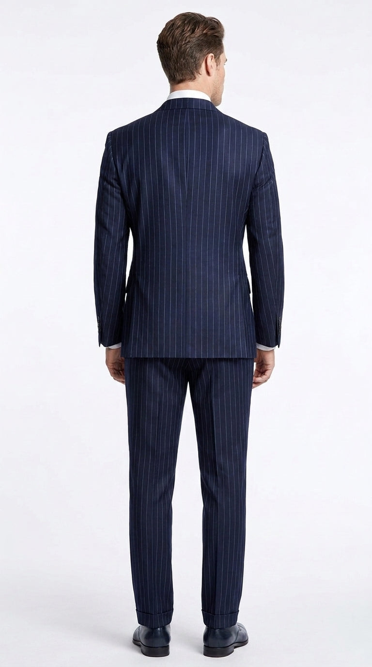 Men’s Dark Navy Blue Double Breasted Pinstripe Suit, Side Vent Jacket with Pleated Pants