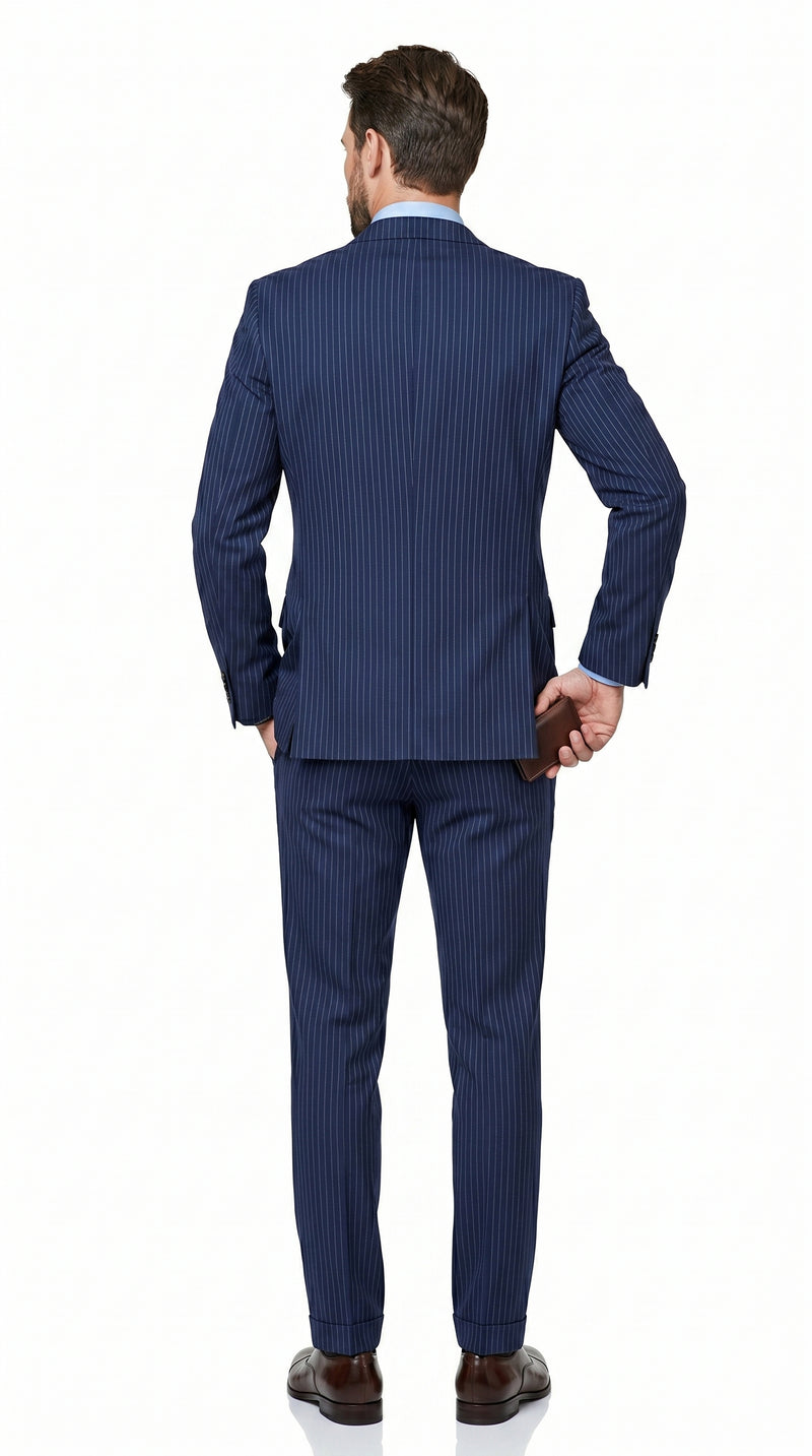 Men’s Navy Pinstripe 2 Piece Suit, Classic Formal Wedding Business Dress Suit Set