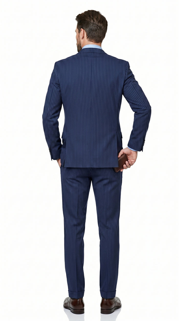 Men’s Navy Pinstripe 2 Piece Suit, Classic Formal Wedding Business Dress Suit Set