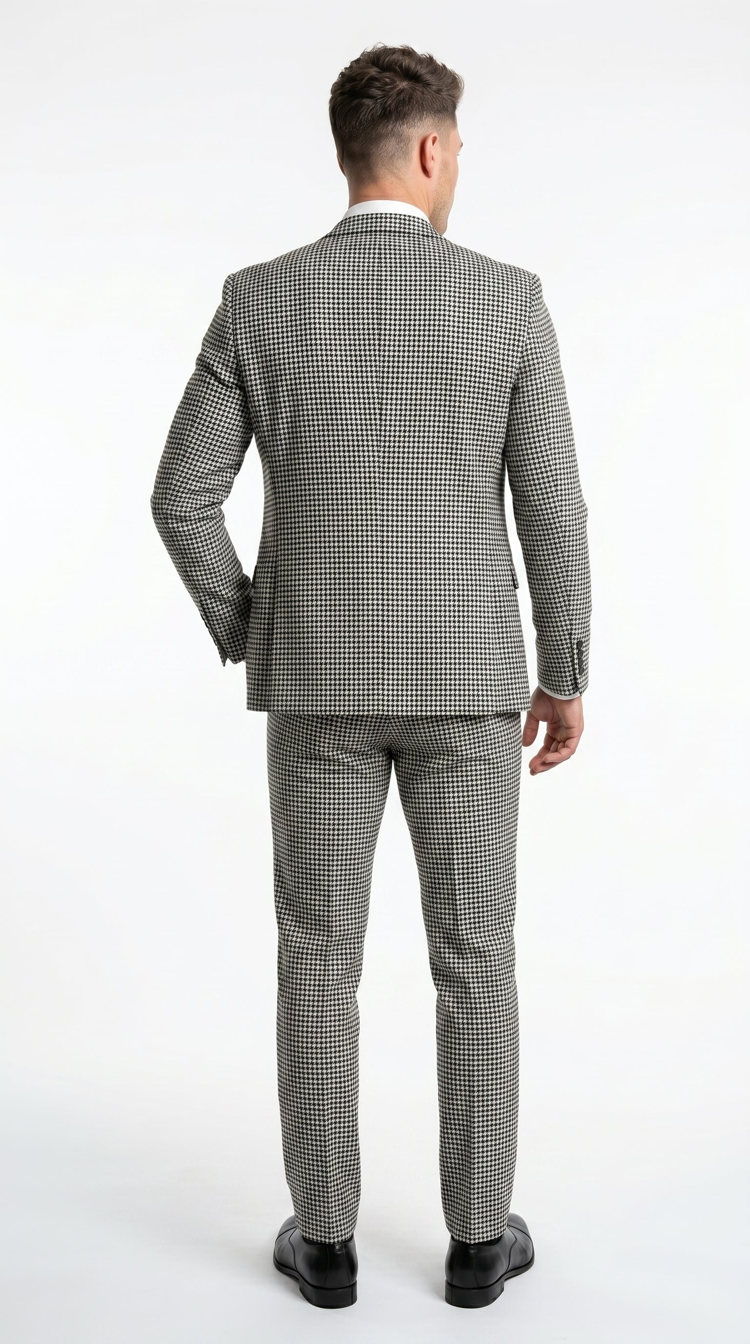 Men’s Black and White Houndstooth Checkered 3 Piece Suit, Gray Checkered Formal Wedding Business Suit Set