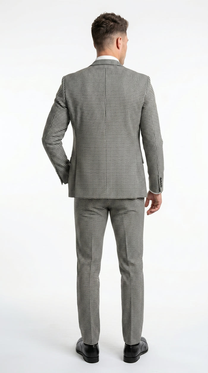 Men’s Black and White Houndstooth Checkered 3 Piece Suit, Gray Checkered Formal Wedding Business Suit Set