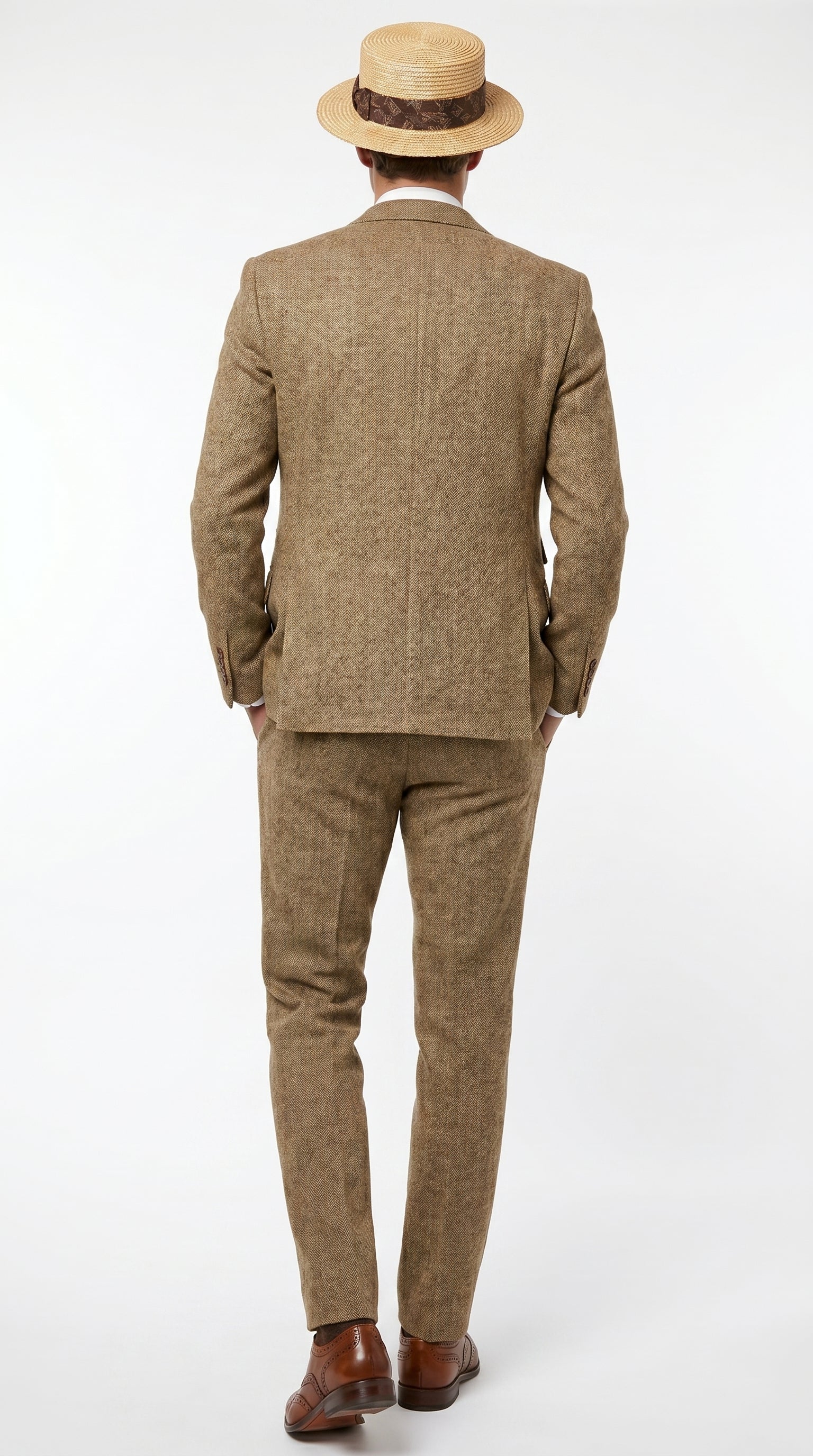 Men’s Camel Pocket Suit with Brown Vest, Vintage Inspired Formal Dress Outfit