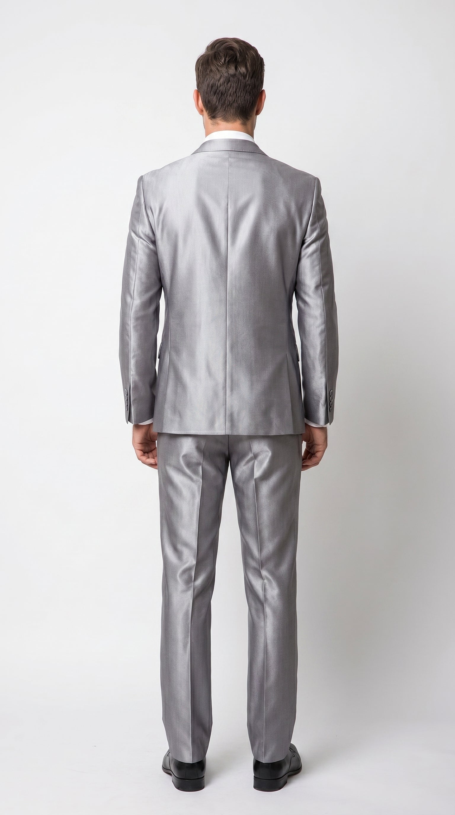 Men’s Silver Sharkskin 2 Piece Suit, Italian Styled Formal Wedding Prom Dress Suit