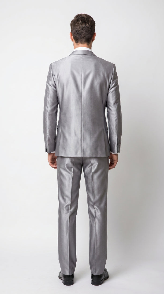 Men’s Silver Sharkskin 2 Piece Suit, Italian Styled Formal Wedding Prom Dress Suit