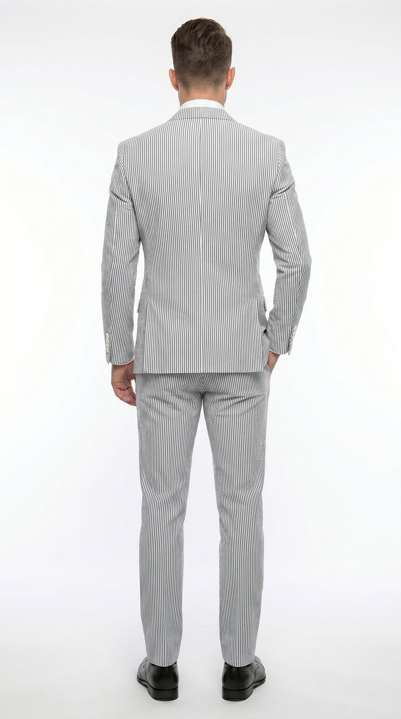 Men’s Gray Seersucker Suit, Lightweight Summer Wedding Prom Dress Suit