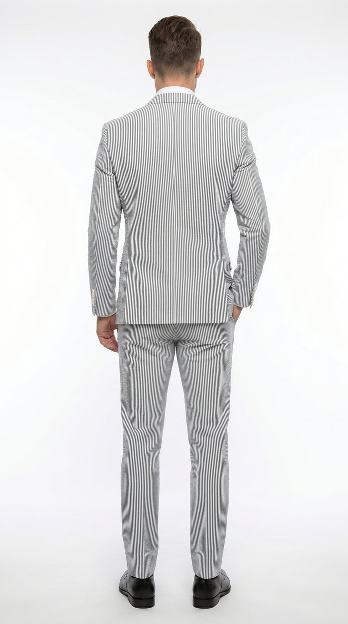 Men’s Gray Seersucker Suit, Lightweight Summer Wedding Prom Dress Suit