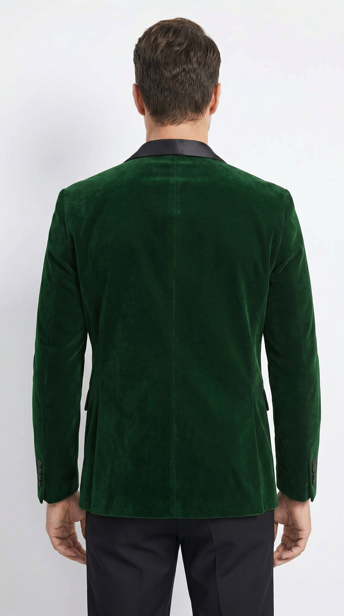 Men’s Emerald Green Velvet Blazer with Black Satin Shawl Lapel, Formal Dinner Jacket