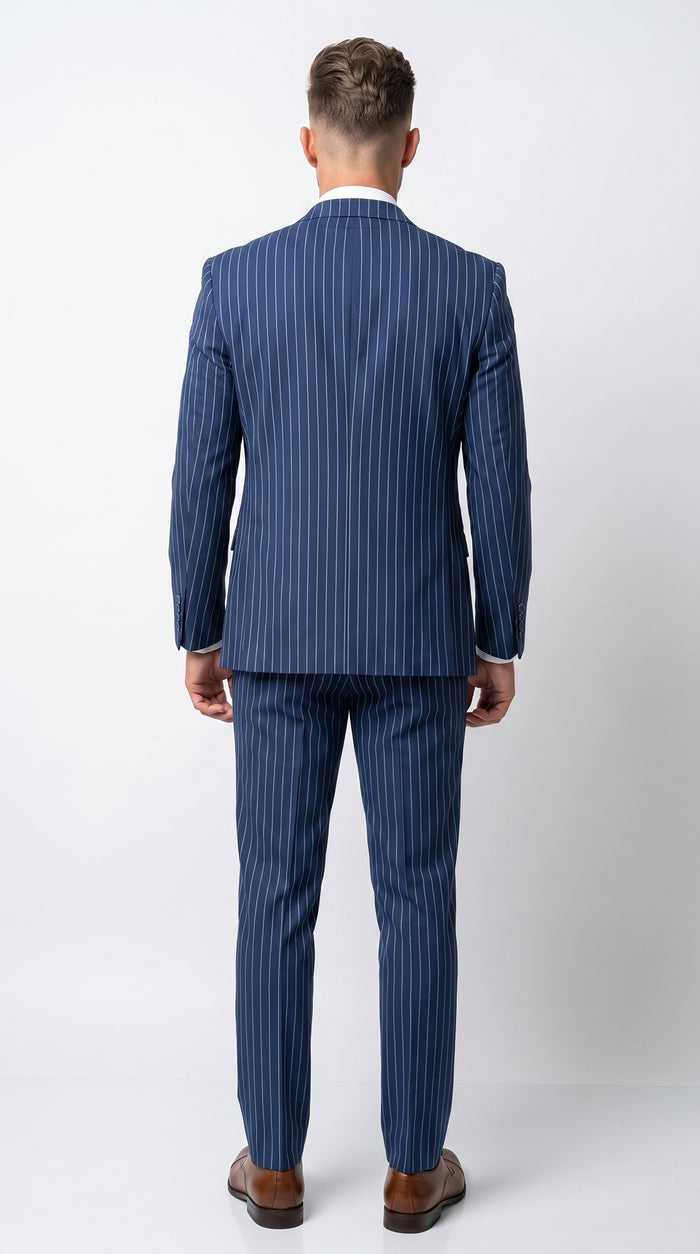 Men’s Navy Blue Vested Bold Gangster Pinstripe Suit, 3 Piece Formal 1920s Dress Suit