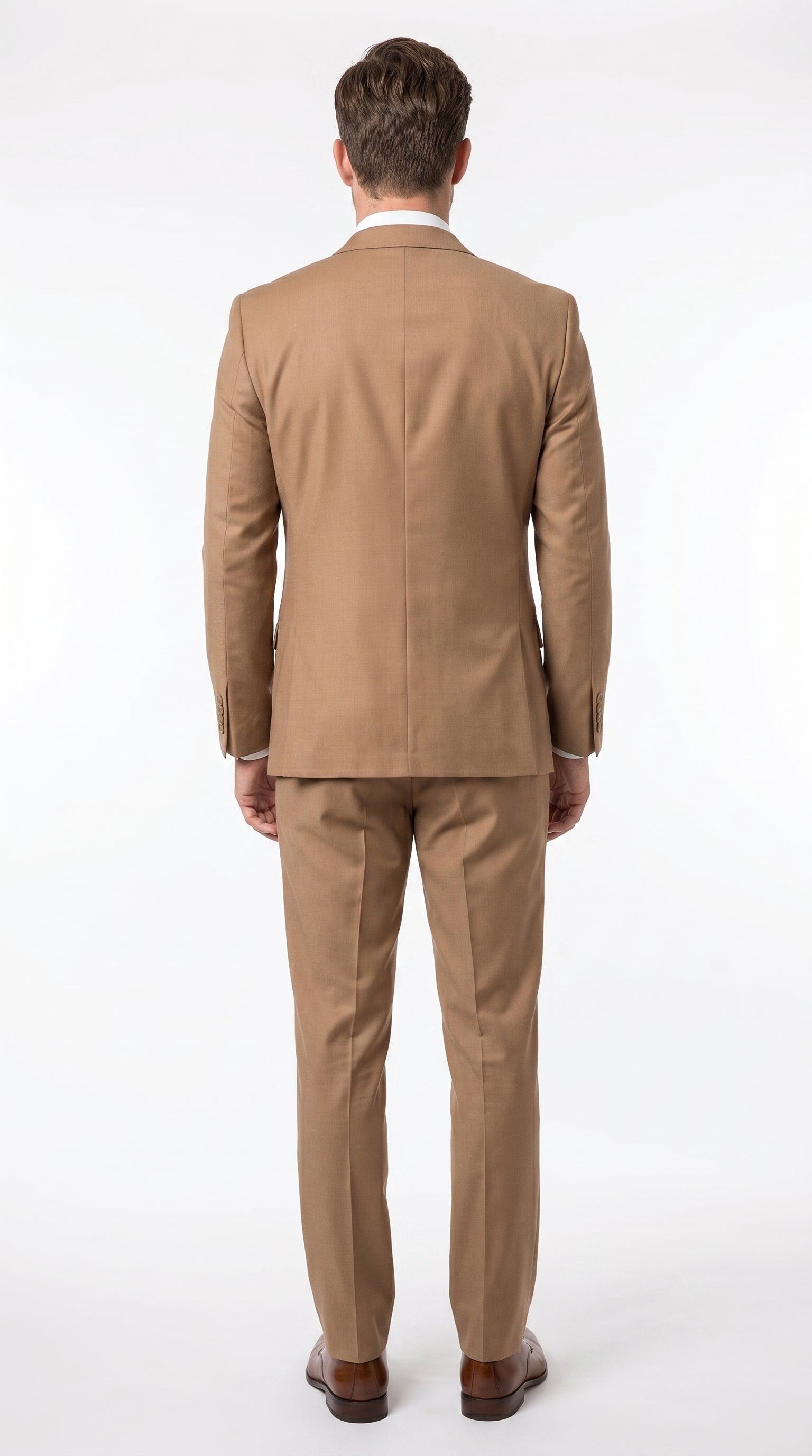 Men’s Caramel 2 Button Modern Fit Vested Wool Suit, Formal Wedding Business Dress Suit