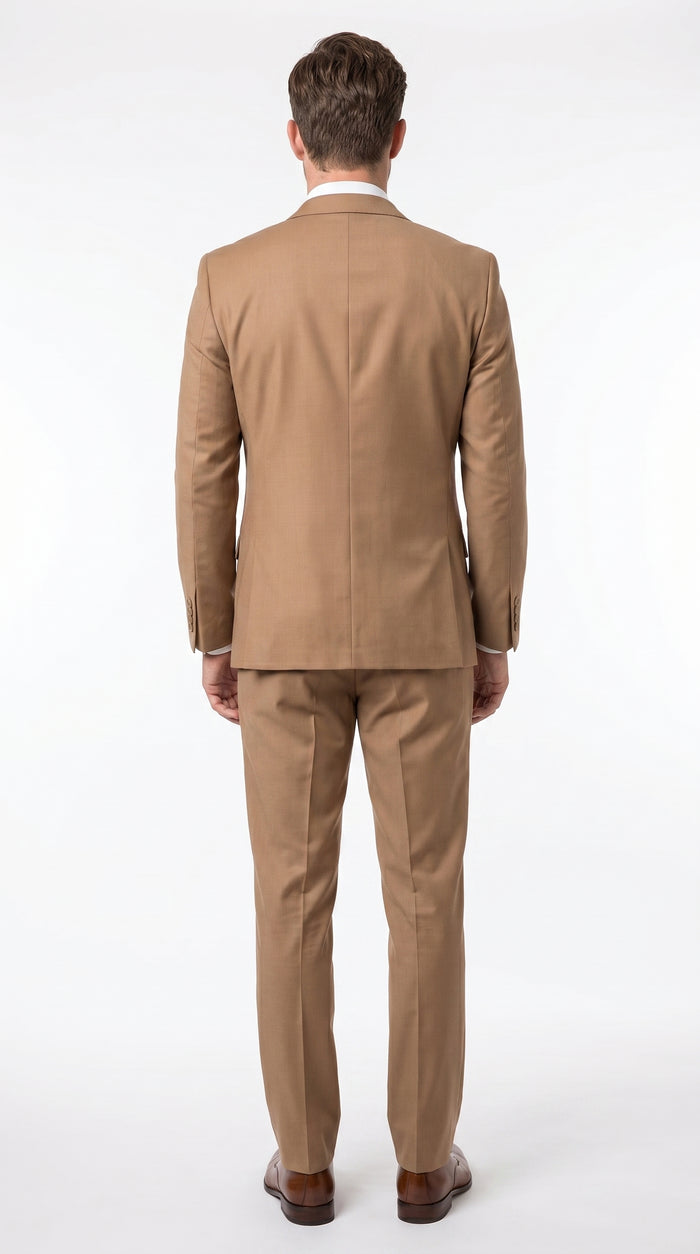 Men’s Caramel 2 Button Modern Fit Vested Wool Suit, Formal Wedding Business Dress Suit