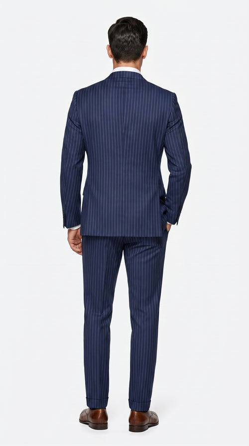 Men’s Navy Blue Double Breasted Pinstripe Suit, 100% Wool Formal Dress Suit