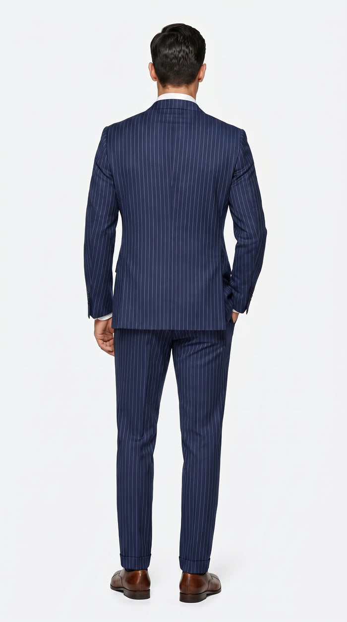 Men’s Navy Blue Double Breasted Pinstripe Suit, 100% Wool Formal Dress Suit