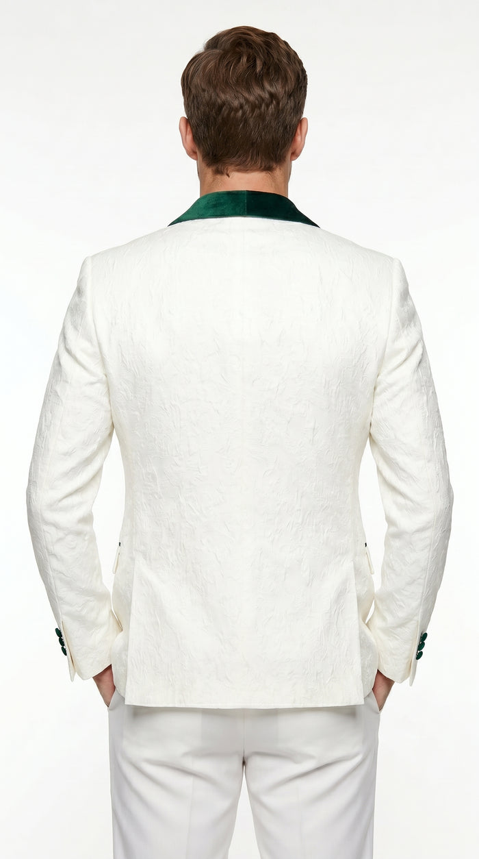 Men’s Ivory and Green Tuxedo Jacket with Velvet Shawl Lapel, Formal Wedding Dinner Blazer
