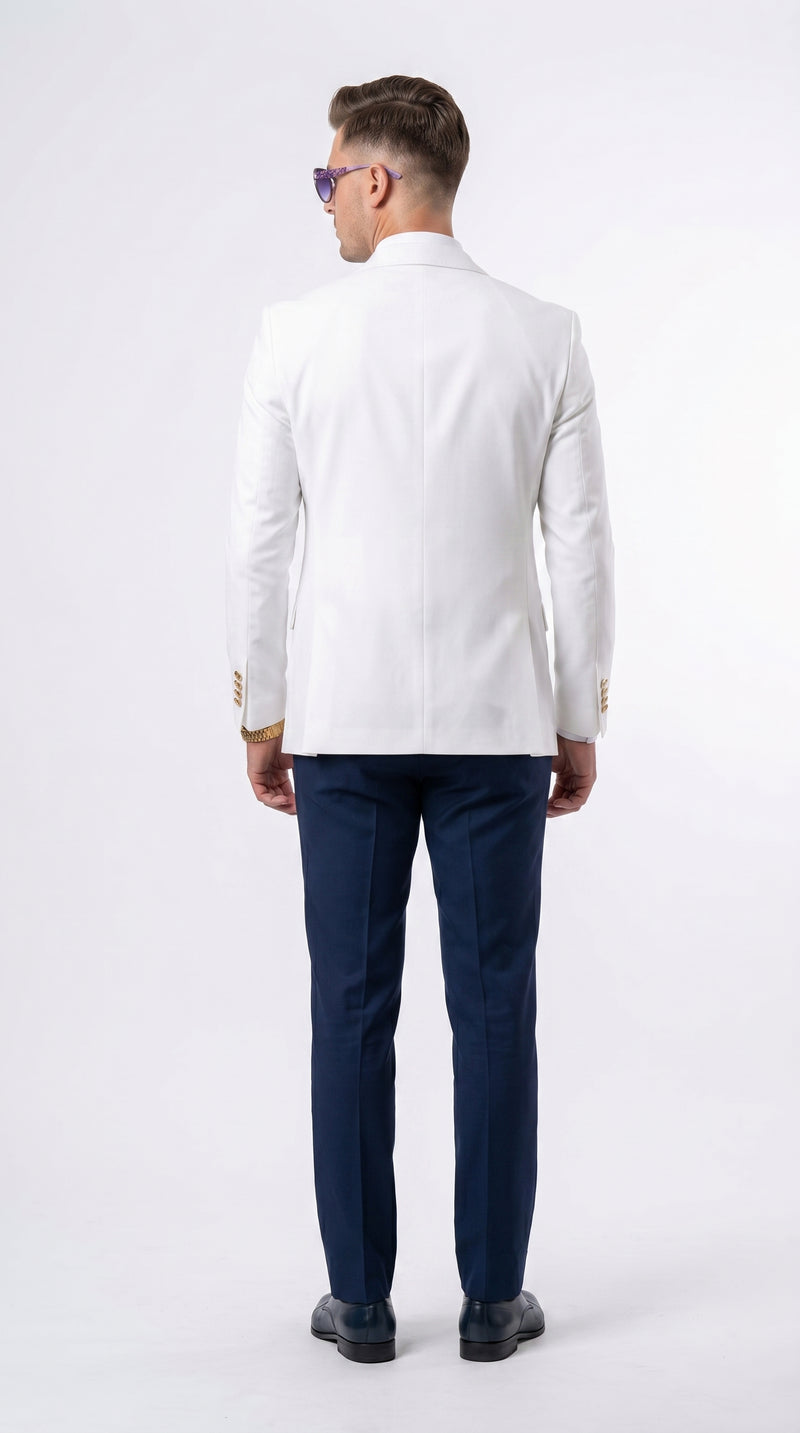 Men’s White and Navy Blue Wedding Suit, White Dinner Jacket with Navy Vest, Pants and Bow Tie