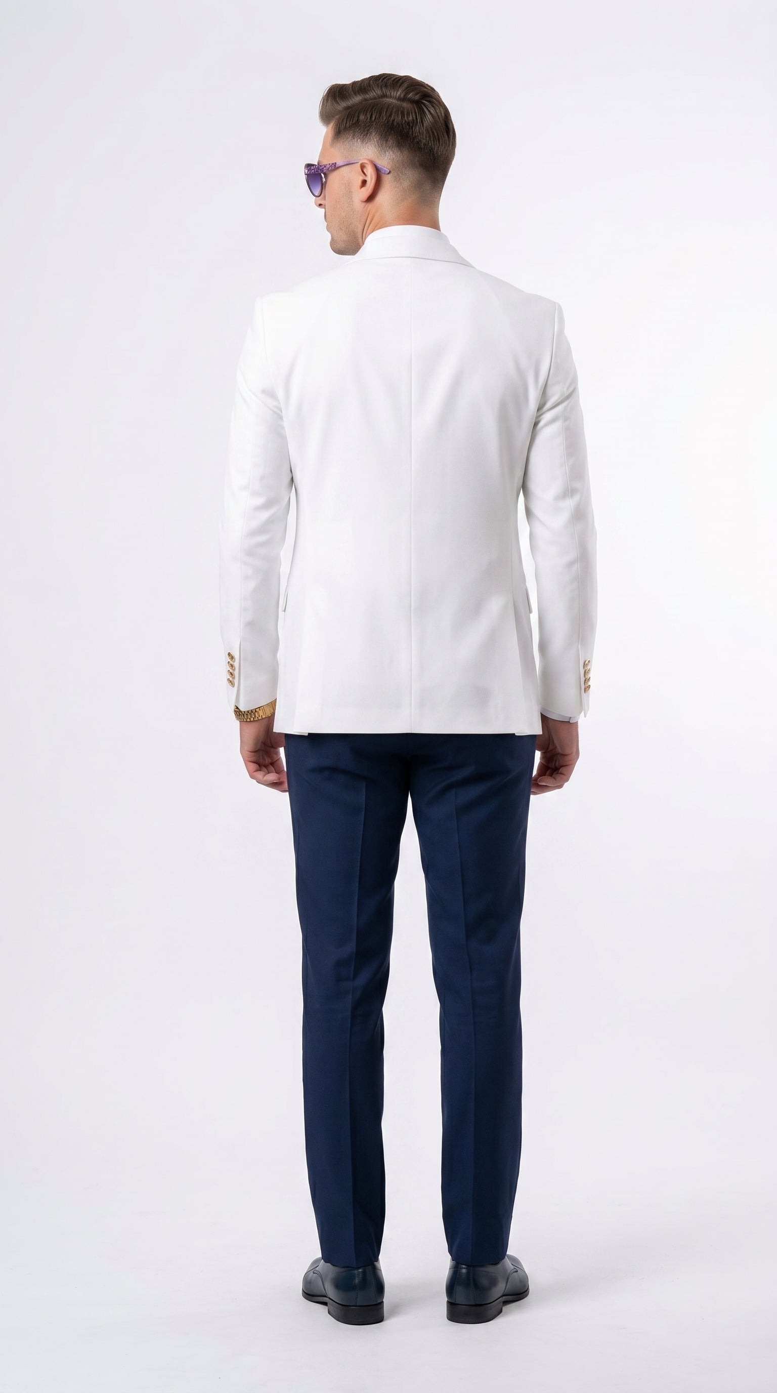 Men’s White and Navy Blue Wedding Suit, White Dinner Jacket with Navy Vest, Pants and Bow Tie