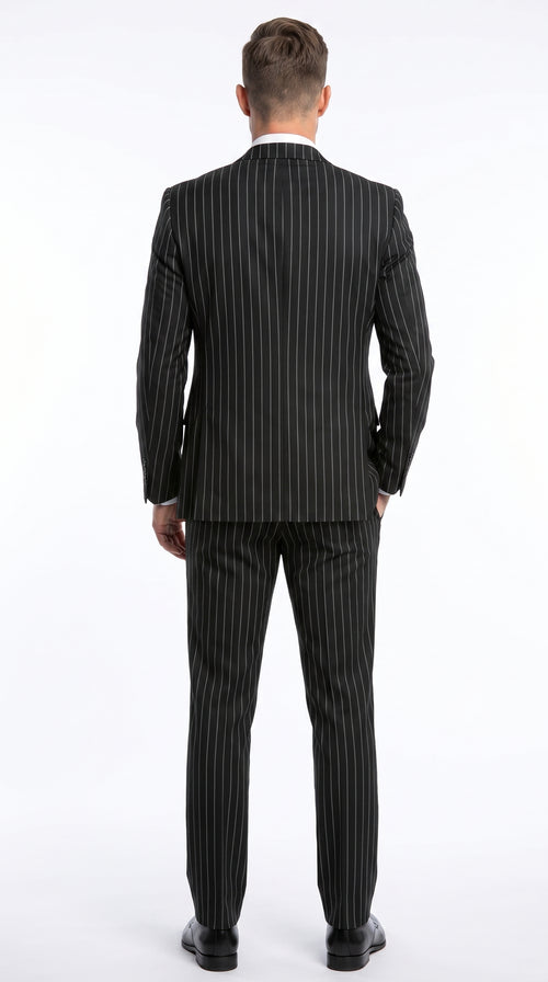 Men’s Black 2 Button Gangster Pinstripe Suit with Vest, Mobster Mafia Style Formal Suit