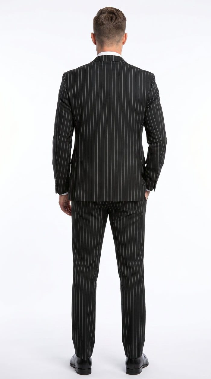 Men’s Black 2 Button Gangster Pinstripe Suit with Vest, Mobster Mafia Style Formal Suit