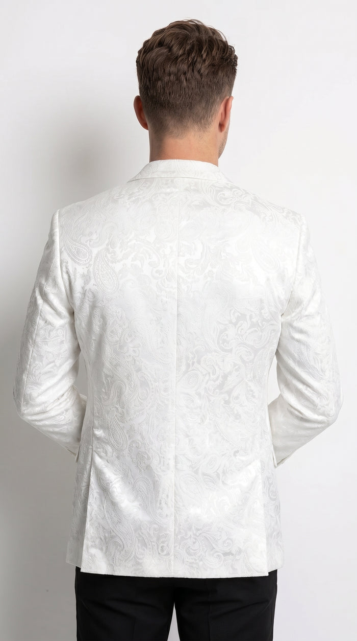 Men’s White Paisley Blazer, Formal Dinner Jacket for Wedding Prom and Special Events
