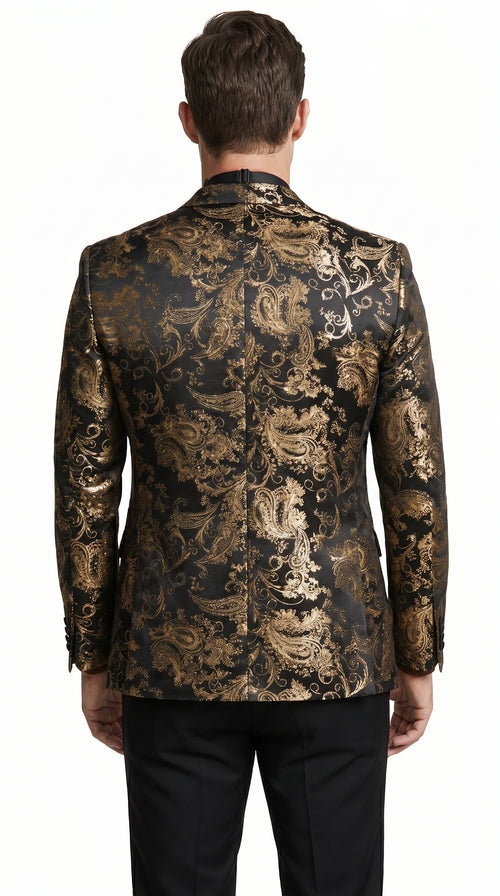VINCI Men’s Gold and Black Paisley Tuxedo Dinner Jacket – Formal Prom, Wedding and Party Blazer