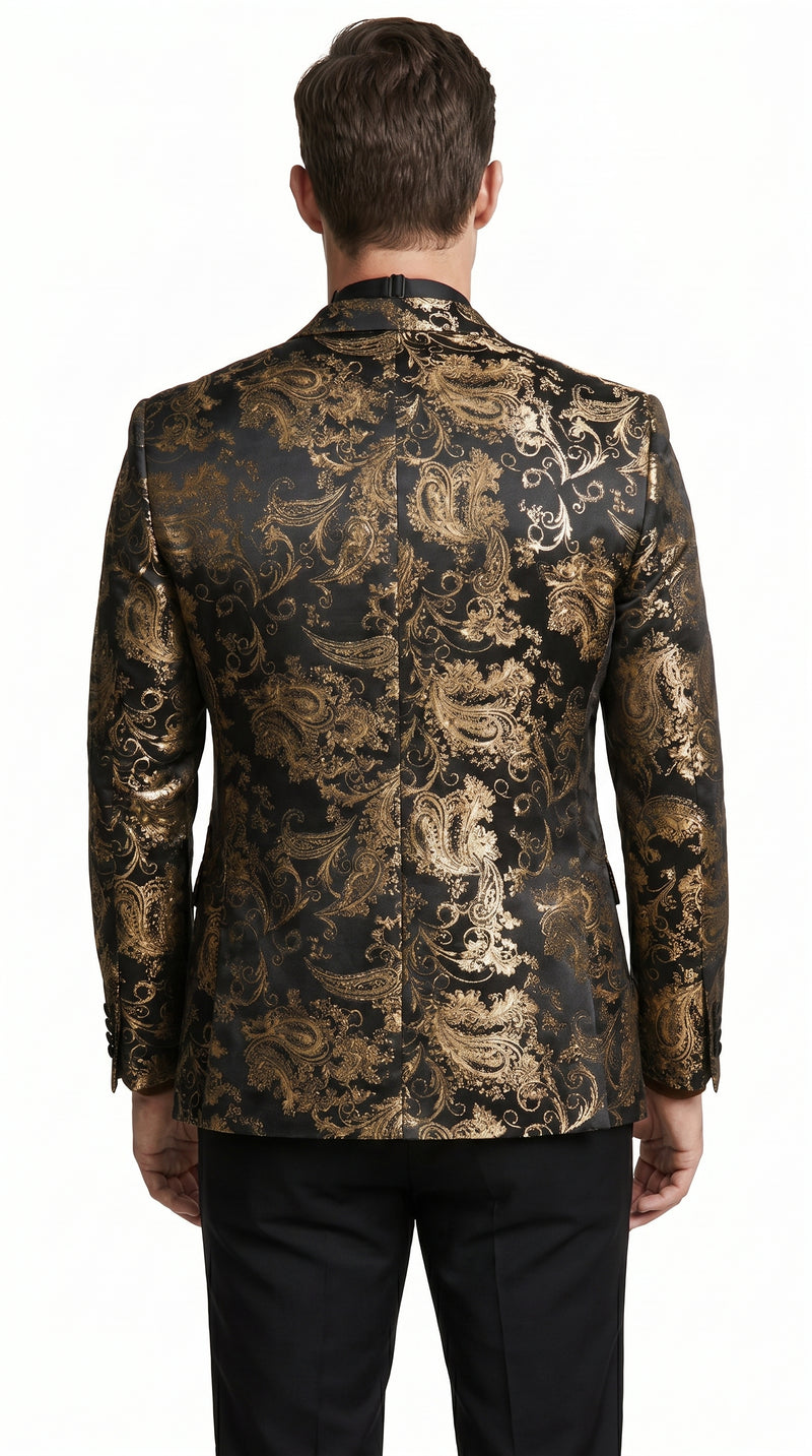 VINCI Men’s Gold and Black Paisley Tuxedo Dinner Jacket – Formal Prom, Wedding and Party Blazer