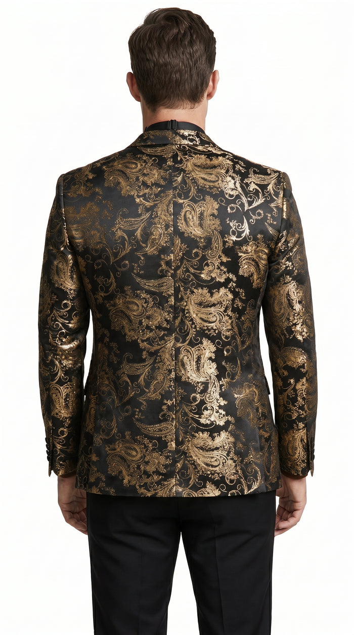 VINCI Men’s Gold and Black Paisley Tuxedo Dinner Jacket – Formal Prom, Wedding and Party Blazer