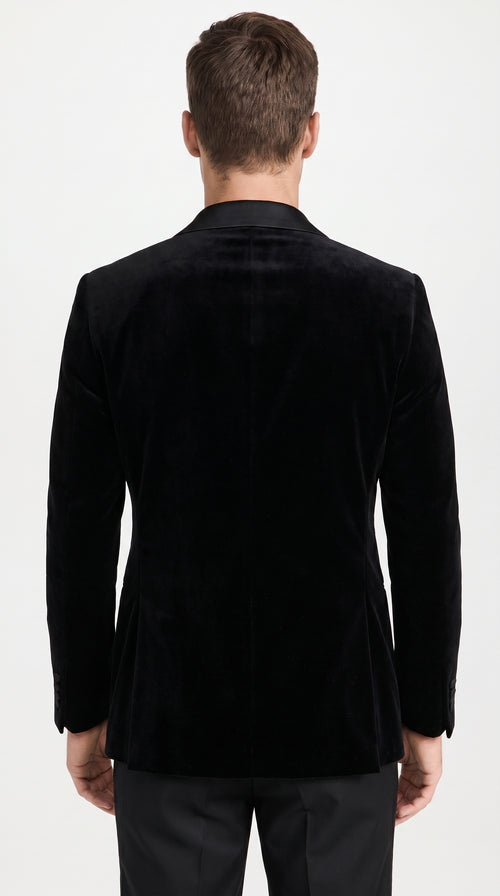 Men’s Black Velvet Double Breasted Blazer with Satin Peak Lapel, Formal Tuxedo Dinner Jacket