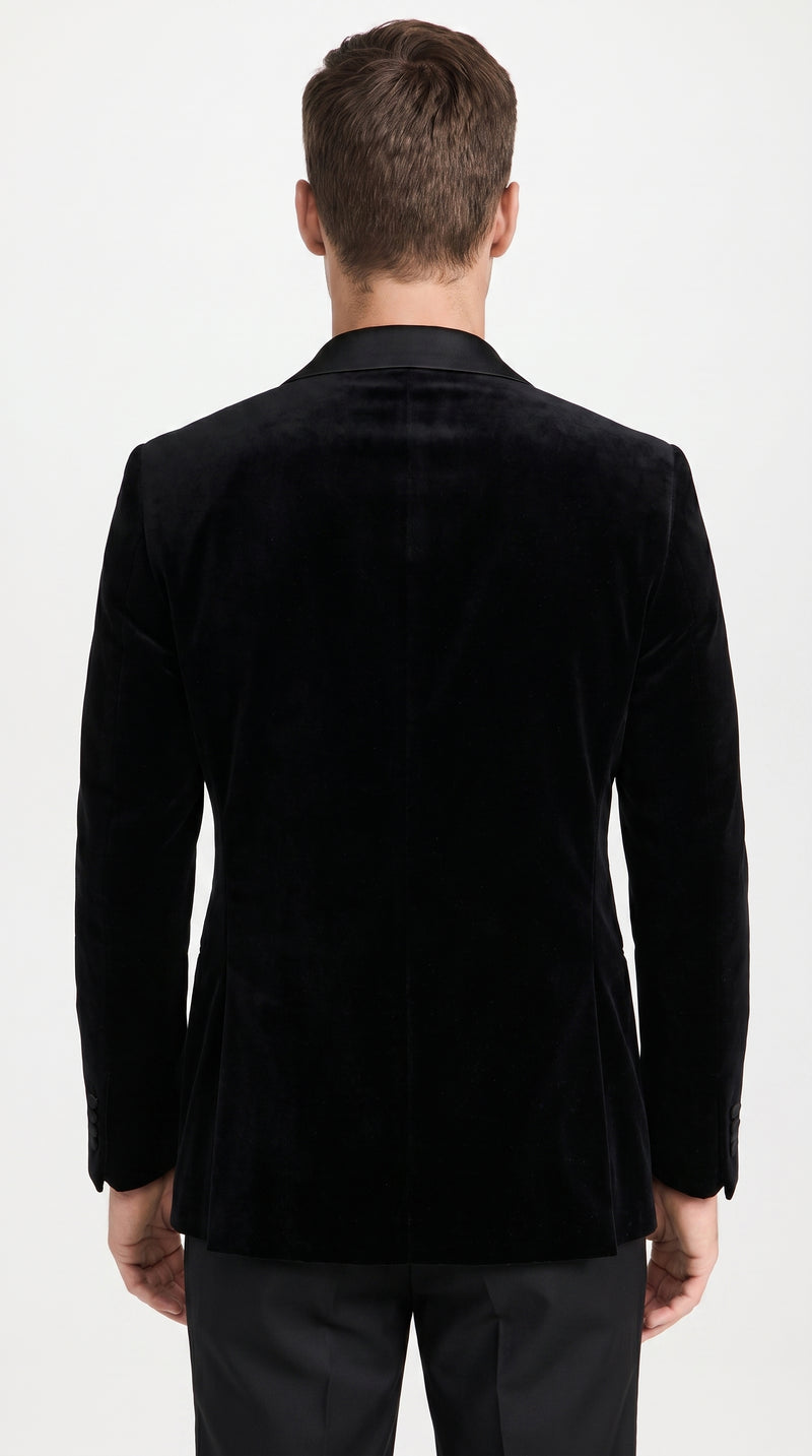 Men’s Black Velvet Double Breasted Blazer with Satin Peak Lapel, Formal Tuxedo Dinner Jacket