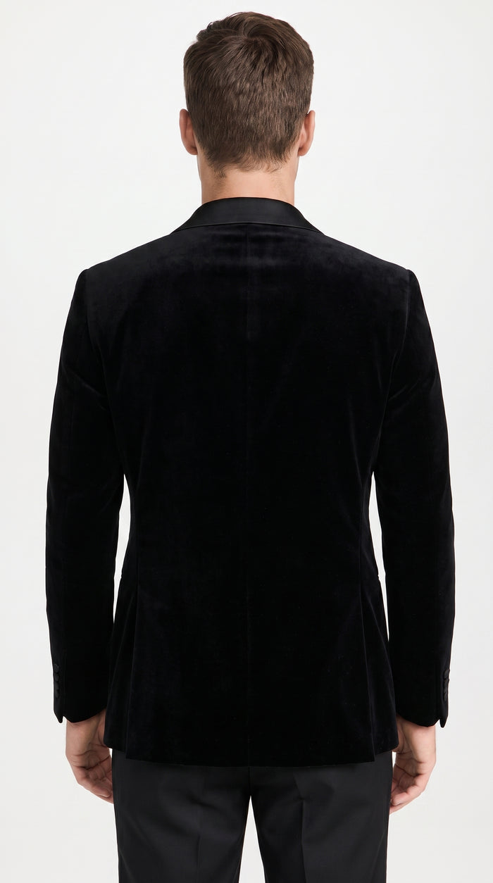 Men’s Black Velvet Double Breasted Blazer with Satin Peak Lapel, Formal Tuxedo Dinner Jacket